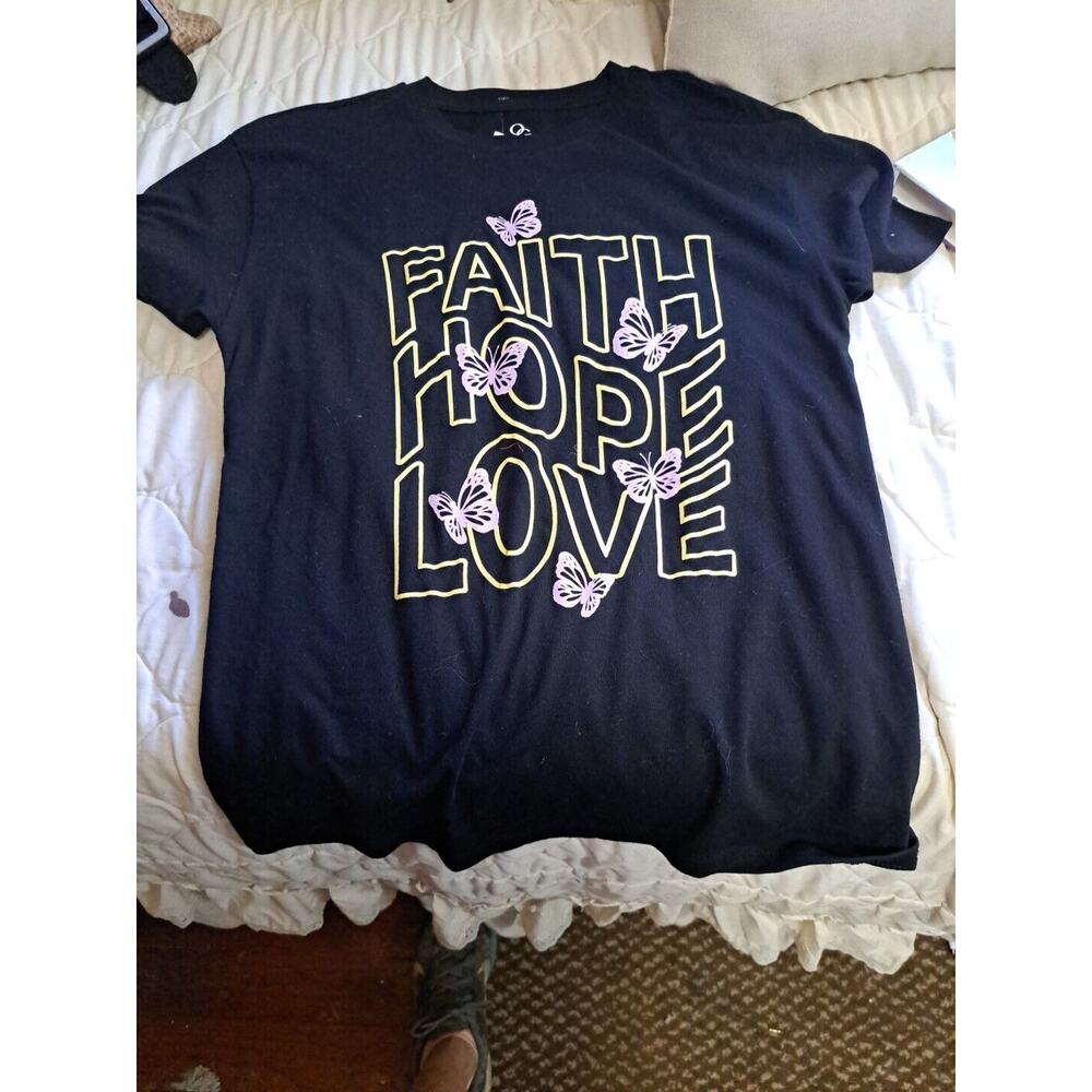Christian Tee Shirt Faith Hope Love Short Sleeve Breast Cancer Buttlerflies Blk